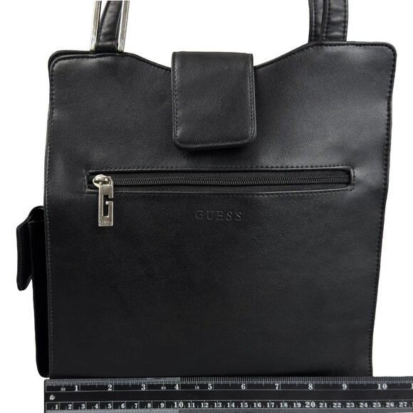 Vintage Guess Black Leather Shoulder Bag Crossbody Zip Pocket Logo Hardware - Picture 12 of 14